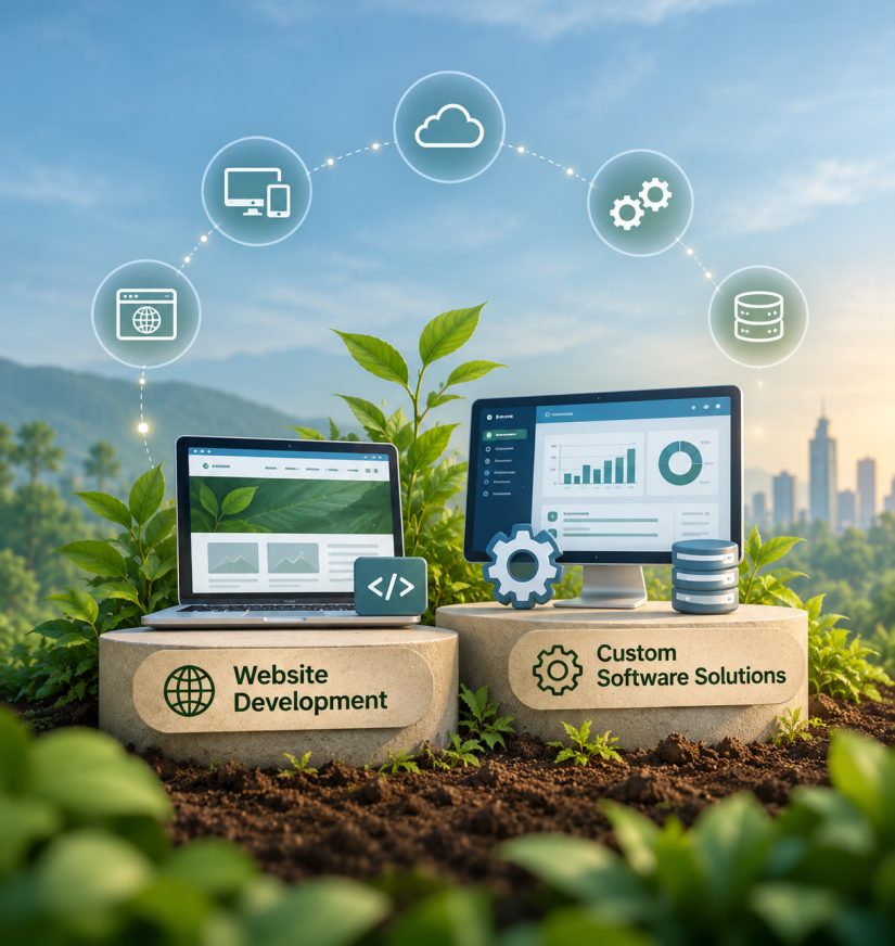 A laptop and a dashboard monitor on stone plinths among young plants, labelled Website Development and Custom Software Solutions, with web, cloud and server icons arcing overhead
