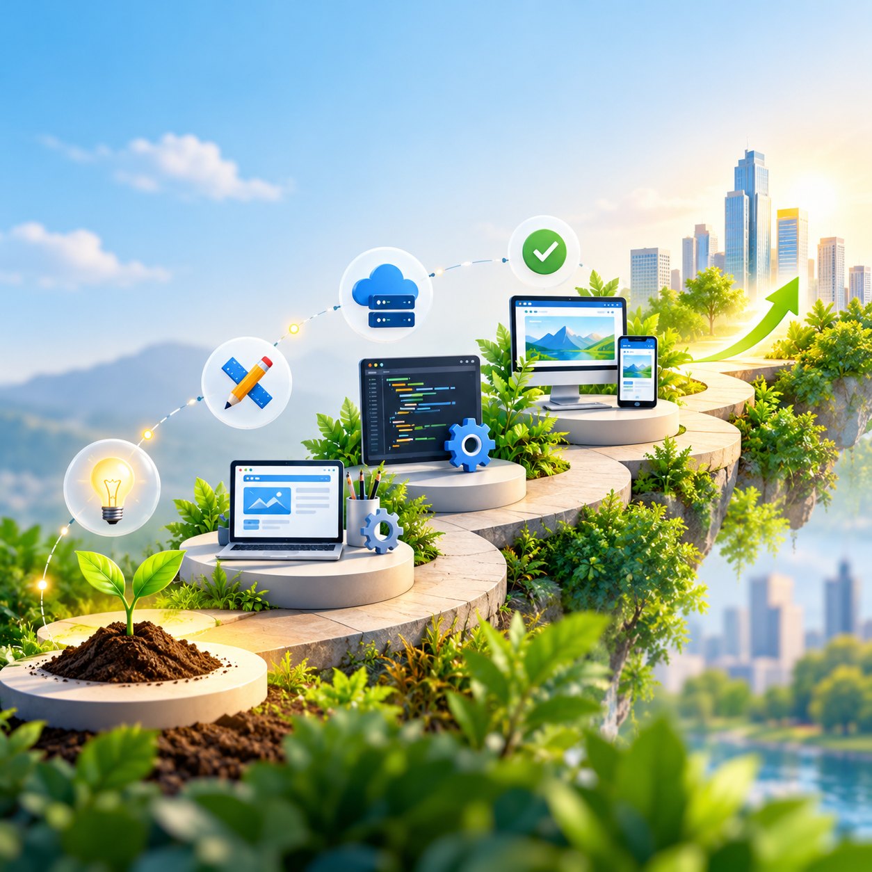A seedling in soil at the start of a path that climbs through design, code, cloud hosting and a finished website to a city skyline
