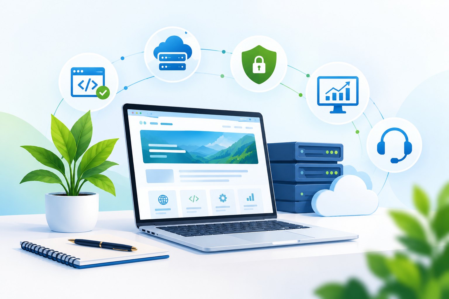A laptop showing a business website beside a server rack, linked to icons for code, cloud hosting, security, analytics and support